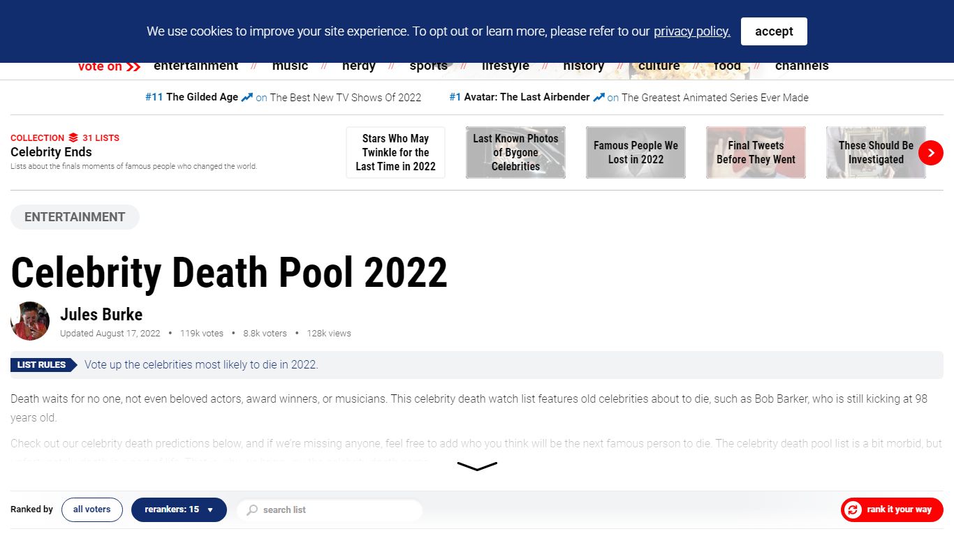 Celebrity Death Pool 2022 & Predictions About Dead Celebrities - Ranker